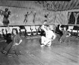 l-r: 1950's Basketball Cheerleaders Beverly Babler, Edwin Wirth and Ardyce Rosen in Karlen's Hall.